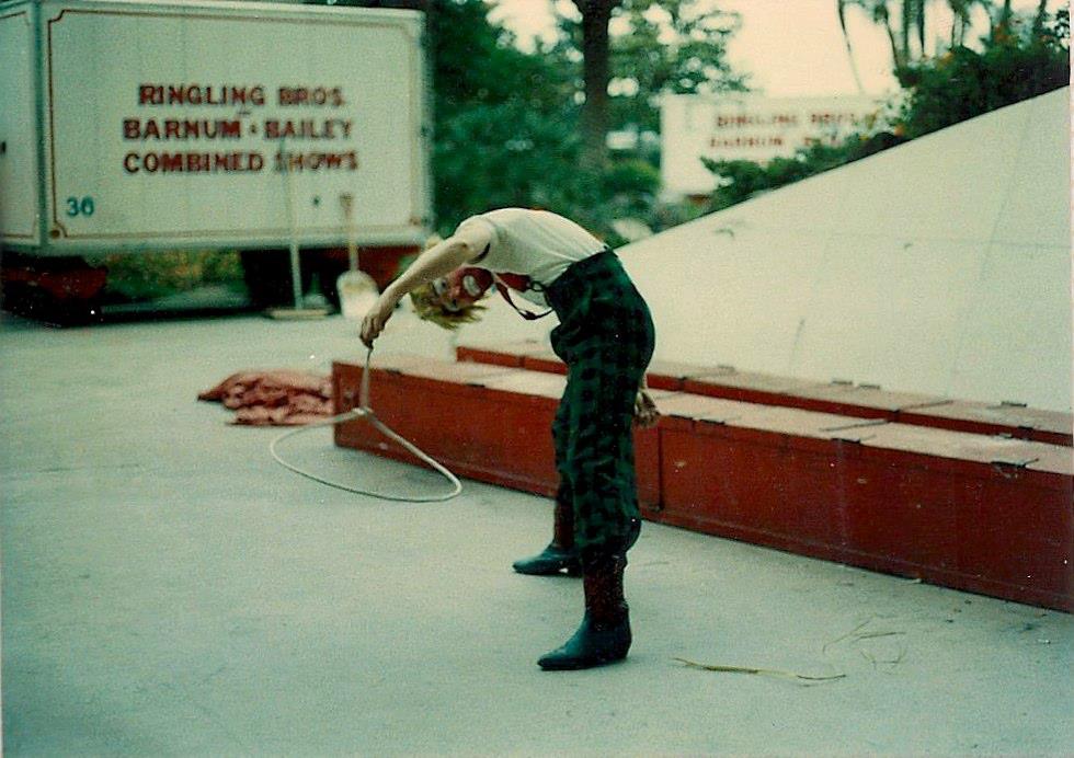 Anaheim, California, was one of our favorite stops. The building was built so that we had a corner where we could hang outside out of the general public's eye. I am practicing one of my rope spinning tricks.